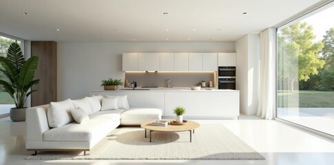 Bright white living area flows into modern kitchen, airy, kitchen cabinetry