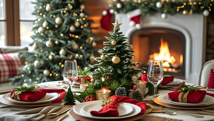 Cozy Holidays: Christmas Tree and Fireplace with Copy Space