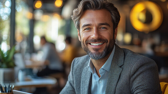 A charismatic middle-aged man radiates genuine joy and confidence in a bustling cafe setting, bathed in soft, warm light.