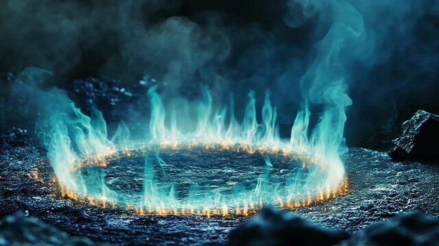 A glowing ring of teal flames over a dark, textured surface, with smokey, moody atmosphere.