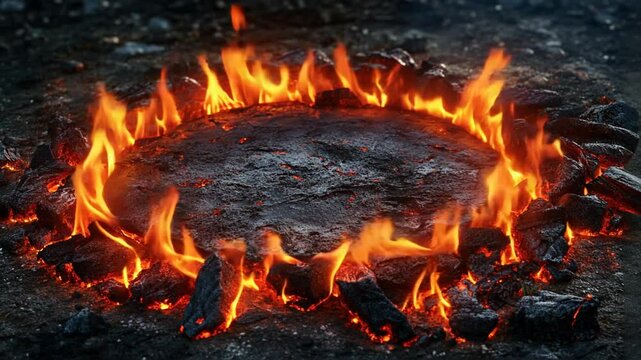 Ring of Fire: A fiery circle of flames and burning embers with a dark background.
