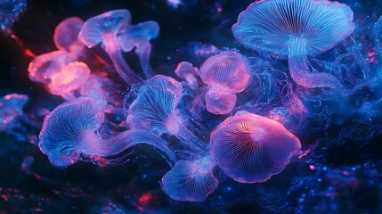 Fototapeta premium Glowing bioluminescent mushrooms in a dark fantasy forest with neon blue and pink light