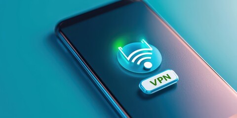 protection connection sign proxy vpn concept. VPN icon displayed on a smartphone, indicating secure internet connection with wireless signal and green status light.