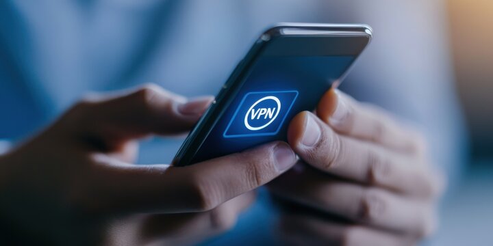 protection connection sign proxy vpn concept. A person using a smartphone with a VPN app displayed on the screen, emphasizing online security and privacy.