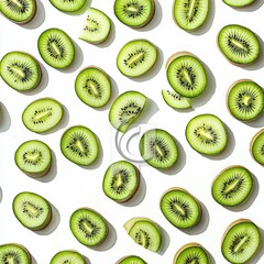Fototapeta premium Whole and sliced kiwi with bright green flesh and tiny black seeds isolated on white
