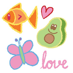 Hand drawn crayon illustrations of fish, butterfly, avocado, love letters and heart for decoration, animal, pet, vet, spring, summer, learning materials, kids and children, stickers, cartoon character