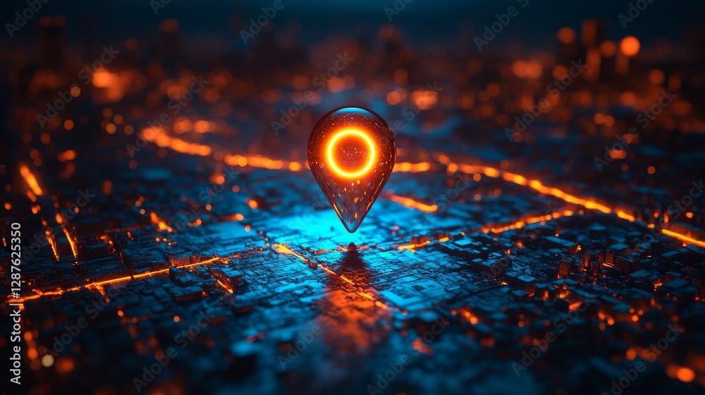 Poster futuristic glowing location pin hovering above digital city map with neon lights and holographic tec