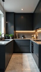 Sleek gray kitchen, dark cabinetry, modern design, texture, minimal, furniture