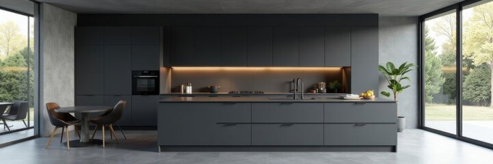 Sleek gray kitchen, dark flat-front cabinets, modern design, dark gray cabinets, contemporary kitchen