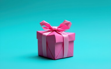 Origami gift box with a ribbon bow, neatly folded edges, on vivid blue background