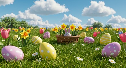 Decorated easter eggs scattered in flower filled meadow beneath clouds