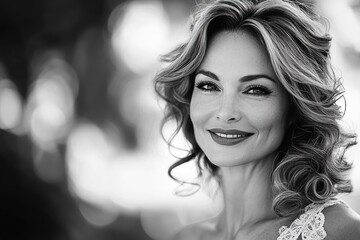 Naklejka premium a beautiful woman of elegant age, with a beautiful hairstyle and an open smile.