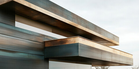 Modern architectural design featuring layered metal structures in an urban landscape