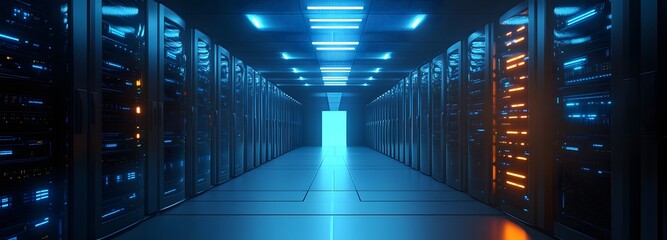 A futuristic data center with glowing server racks and high-tech lighting