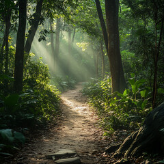 Obraz premium Serenity of nature trail in lush forest 