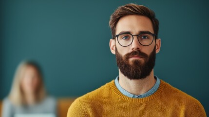 Obraz premium A thoughtful man with a beard and glasses sits in a cozy environment, wearing a yellow sweater, while another person is blurred in the background.