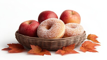 Apple cider donut centerpiece, arranged with fresh apples and fall leaves, visually warm, detailed dessert style, isolated on white background
