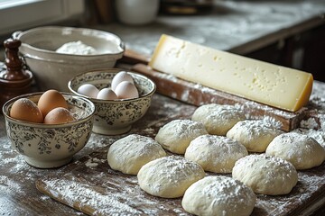 Fototapeta premium Rustic kitchen scene with dough, eggs, and cheese on a wooden board