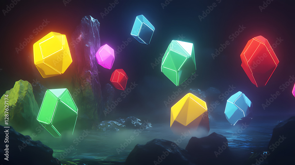 Poster colorful crystals floating in the dark creating a mesmerizing visual display of light and color