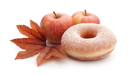 Apple cider donut centerpiece, arranged with fresh apples and fall leaves, visually warm, detailed dessert style, isolated on white background