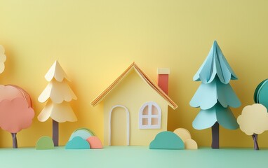 Obraz premium Paper origami house with paper trees, cozy textured folds, on pastel yellow background