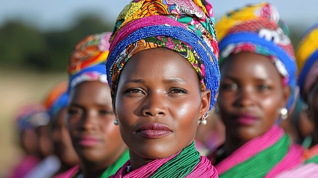 Portrait of a proud African woman wearing a colorful traditional headwrap standing in a line with other women outdoors.