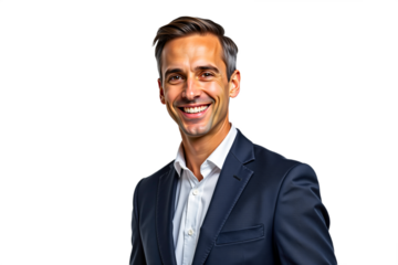 Professional businessman portrait, navy suit, smiling, isolated on transparent background. Corporate headshot, business profile, marketing material.
