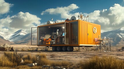 Obraz premium Desert Mobile Office: A Stylish Container Home in a Dramatic Landscape