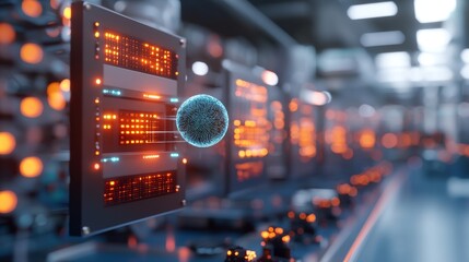 Futuristic server room with data sphere