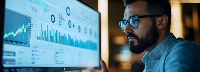 A businessman analyzing financial data on a large smart screen