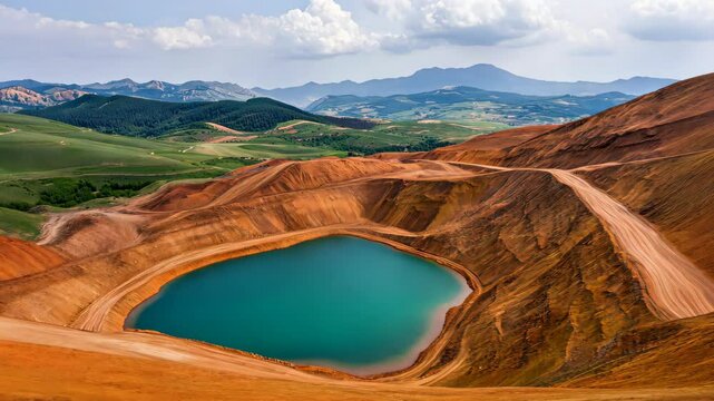 Aerial View of Vibrant Red Riotinto Mines and Turquoise Pool in Spain with Scenic Mountainous Background and Cloudy Sky