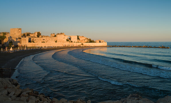 Maiden castle beach and historical city walls. Mersin city, Turkey country 