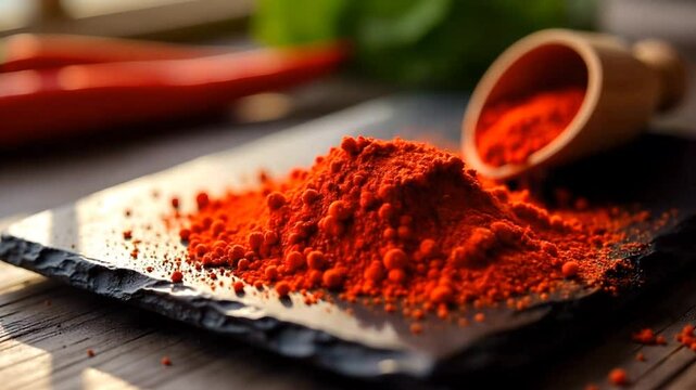 vibrant red spice chili powder on a textured black plate