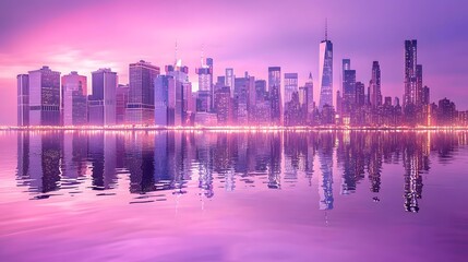 Obraz premium Stunning Pink Sunset Skyline Cityscape Reflection Urban Panorama Night City Lights