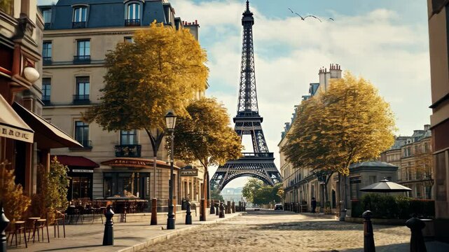 A charming street view in Paris featuring the iconic Eiffel Tower amidst beautiful autumn foliage and quaint cafes