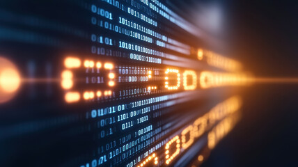 Fototapeta premium Digital binary code streams create vibrant neon effect, showcasing technology essence