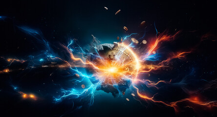 Obraz premium Bitcoin symbol bursts from a globe in space, surrounded by flying coins and energetic light trails, symbolizing digital currency expansion.