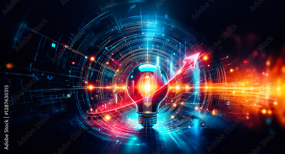 Poster a luminous light bulb radiates bright energy, encircled by glowing lines and dots, set against a dar