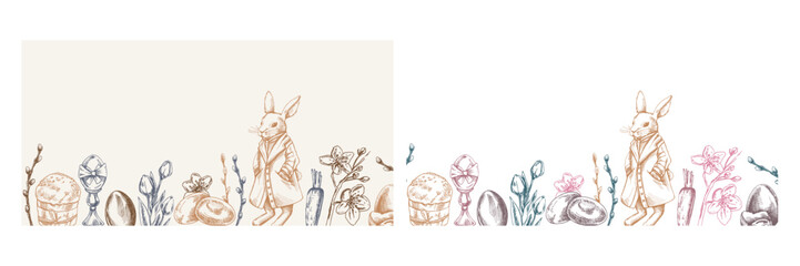 Fototapeta premium Easter vintage hand drawn border with bunny, eggs, willow and flowers in pastel colors