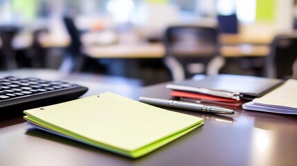 Sticky note pad resting a desk accompanied by a pen and keyboard in a busy office setting