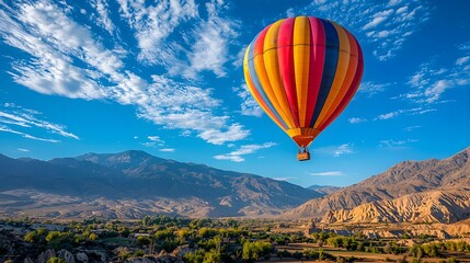 Naklejka premium Colorful Hot Air Balloon Soaring Over Majestic Mountain Landscape