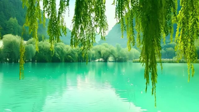 4K湖面垂柳柳枝水面倒影宁静背景