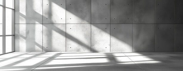 Minimalist Industrial Interior  Empty Room with Grid-Patterned Concrete Wall & Polished Floor  Modern Open Space with Raw Aesthetic & Soft Ambient Lighting