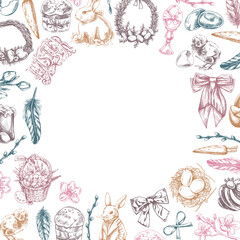 Easter vintage floral frame with bunny, eggs, willow, holiday hand drawn sketch