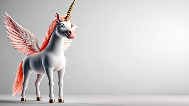 A whimsical, winged unicorn stands majestically against a minimalistic background