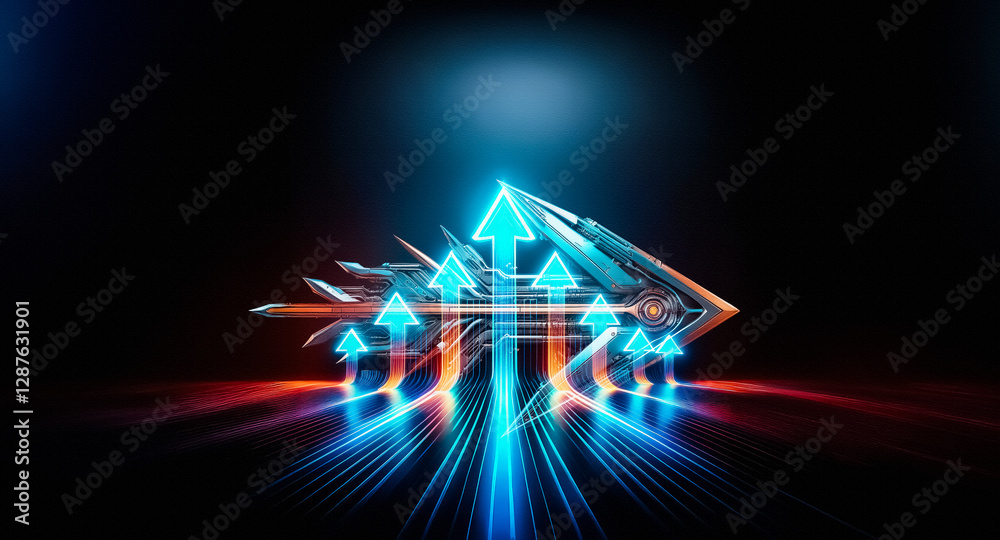 Poster bright blue arrows ascend on a dark backdrop, illuminated by streaks of orange and blue light, symbo