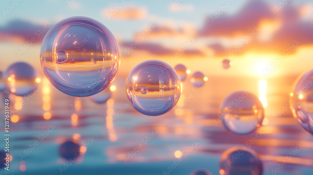 Poster group of bubbles floating in clear water creating rippling patterns and reflections