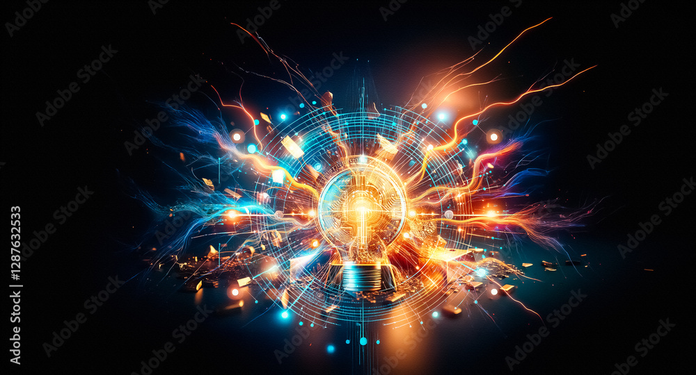 Poster A golden bitcoin explodes from a pile of gold bars and fragments against a dark backdrop, illuminated by a bright light source, symbolizing digital currency.