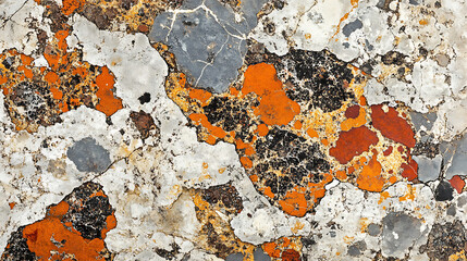 Close Up Texture Of Orange And Grey Lichen On A White Rock Surface