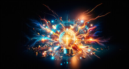 Fototapeta premium A golden bitcoin explodes from a pile of gold bars and fragments against a dark backdrop, illuminated by a bright light source, symbolizing digital currency.